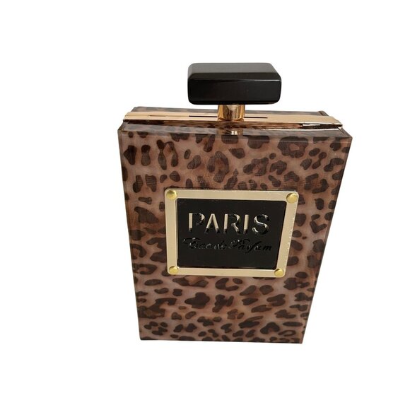 Paris Leopard Purse Brown Acrylic Bag Clutch Chain Shoulder Strap Eau De Parfum - Picture 7 of 10